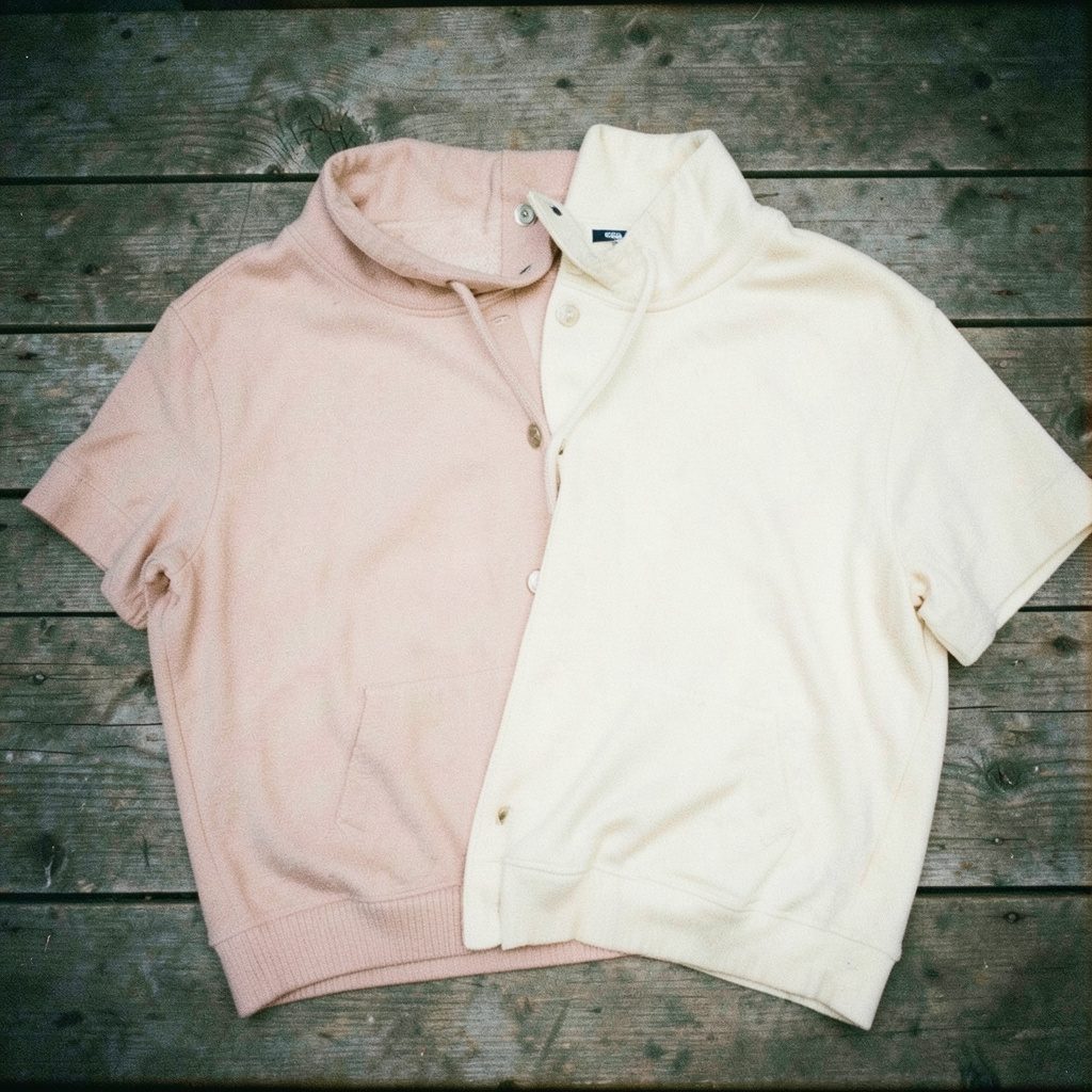 Analog film image with visible grain of casual apparel pieces in muted blush and cream tones, laid flat on weathered wood.