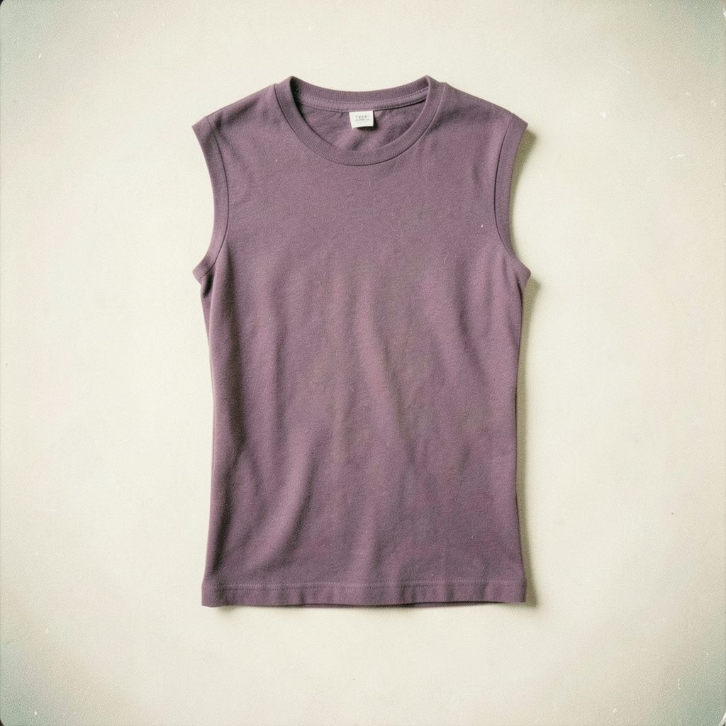 Analog image of a slim-cut apparel piece in dusty purple, photographed on a cream backdrop with gentle shadows.