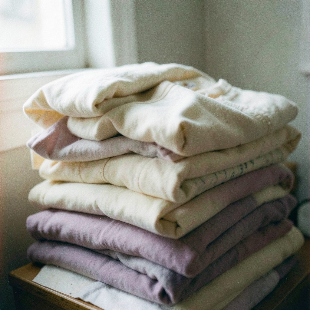 Film photo with grain of a stack of folded garments in cream and dusty lavender, soft natural light from a nearby window.