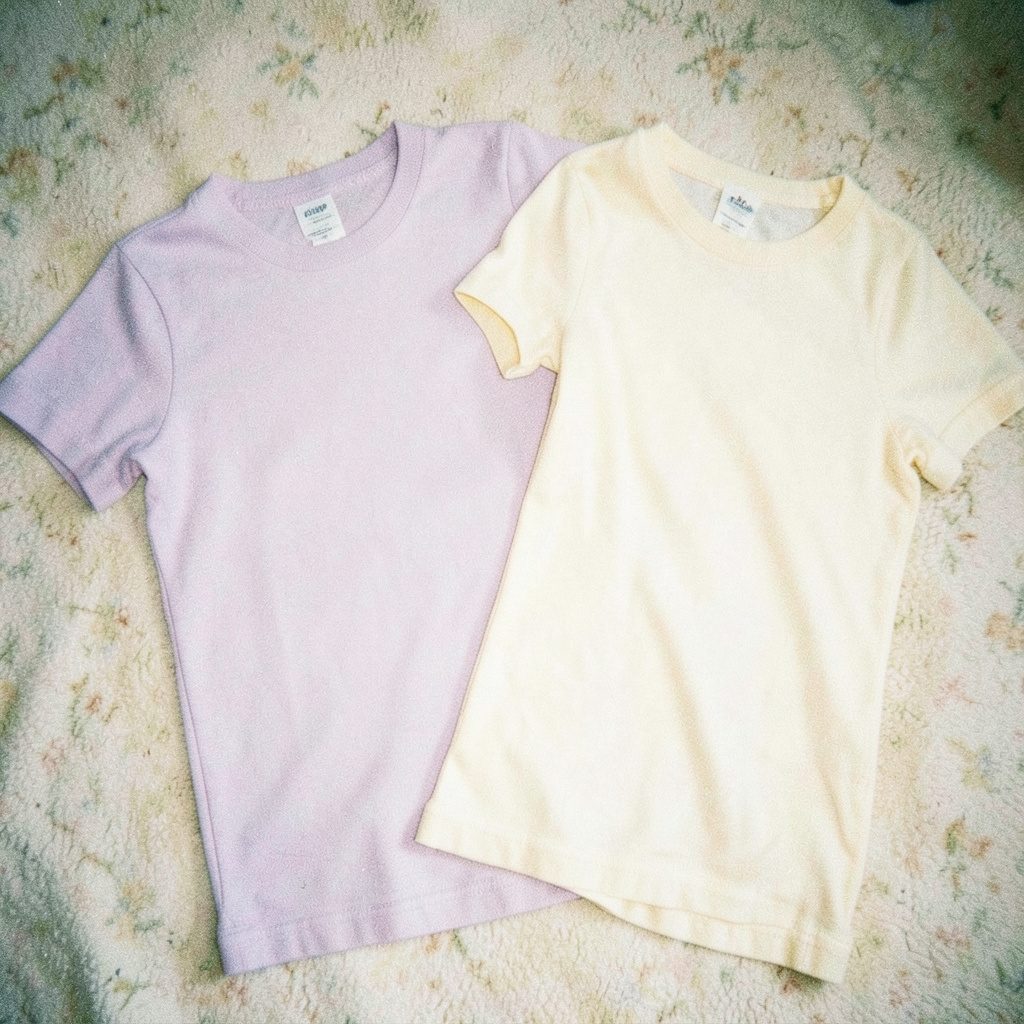 Grainy film image of youth-sized apparel in soft lavender and cream, cheerful and bright, laid out on a textured surface.
