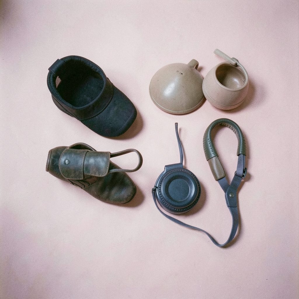Grainy film photograph of accessories arranged on a blush-pink surface, subtle lavender shadows, editorial flat-lay style.
